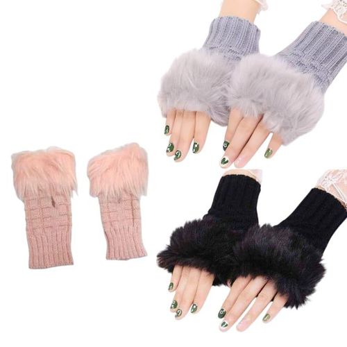 three Wool And Fur Gloves Half Cover Cold Weather Gloves - black & grey & rose