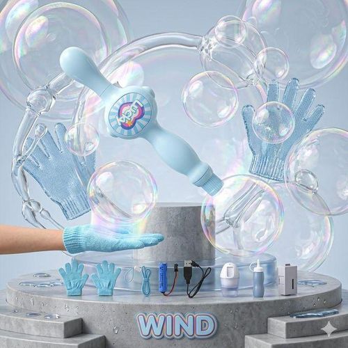 Interactive Bubble Blower Wand for Kids - Handheld Magic Bubble Stick with Specialized Gloves for Catching Bubbles - Rechargeable Outdoor Educational Sensory Toy Set