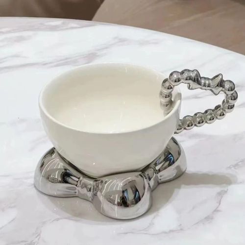Heart Handle Porcelain Cup with Coaster, Elegant Silver Design, Perfect for Coffee and Tea