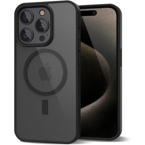 A slim, transparent magnetic protective case made of soft silicone, heat-resistant polyurethane, and hard polycarbonate, compatible with the MagSafe charger for iPhone 15 Pro Max, black color.