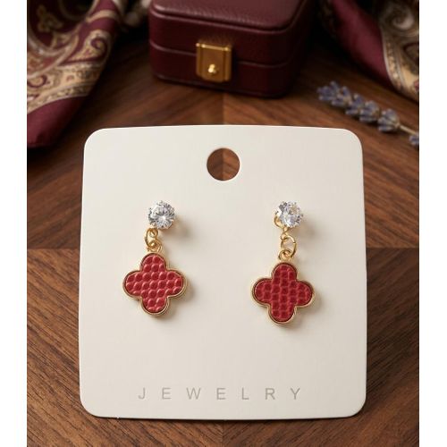 Women's Pink Four-Leaf Flower Drop Earrings with Crystal Stud
