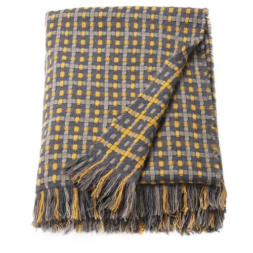 Throw A grey and yellow woven throw blanket with fringes.