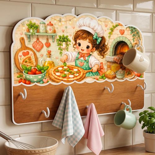 Cartoon Pizza Chef Wood Kitchen Hanging Decor with 7 Metal Hooks, Towel Holder and Mug Holder Wall Organizer 30x40cm, 6mm Wood, Elegant Bakery Design for Kitchen