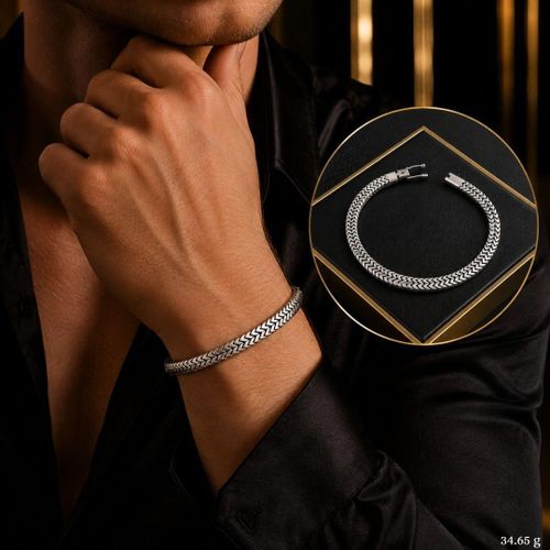 Vintage Oxidized 925 Thai Silver Flat Chevron Chain Bracelet for Men