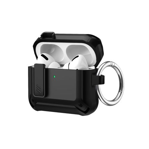 AirPods 3 Case With Lock Lid, Rugged for AirPod 3rd 2021 Cool Protective Cover for Men Full-Body Armor Shockproof Skin Shell With Carabiner - Black