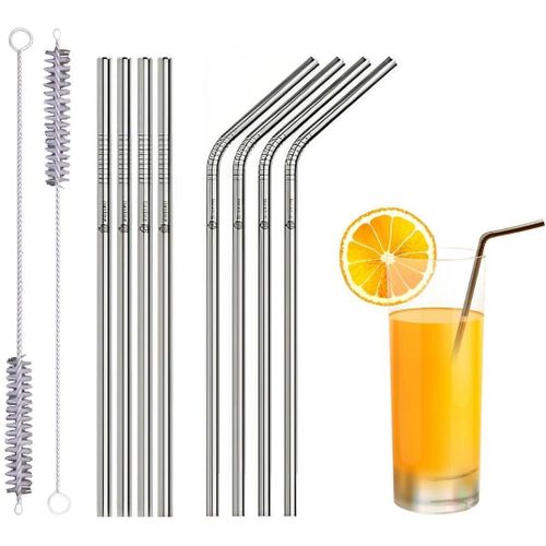 Set of 10 Metal Straws Drinking 4 Straight 4 Bent 2 Cleaners 85 Eco-Friendly Reusable Straws Stainless Steel Drinking Straws for Tumbler Cocktail with Travel case Silver