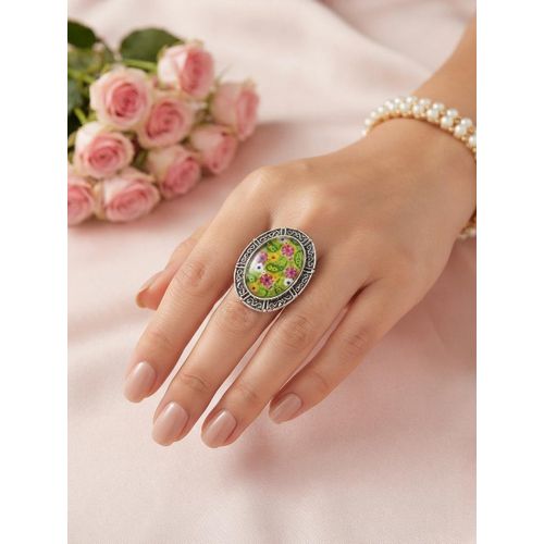 Modern women's ring with colorful floral design, luxurious embossed silver frame, adjustable size, and elegant accessory suitable for all occasions