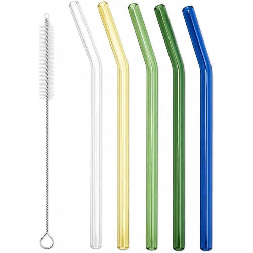 Reusable Glass Drinking Straws Set of 4, Bent, Multicolour, 23 x 2 cm, with Cleaning Brush