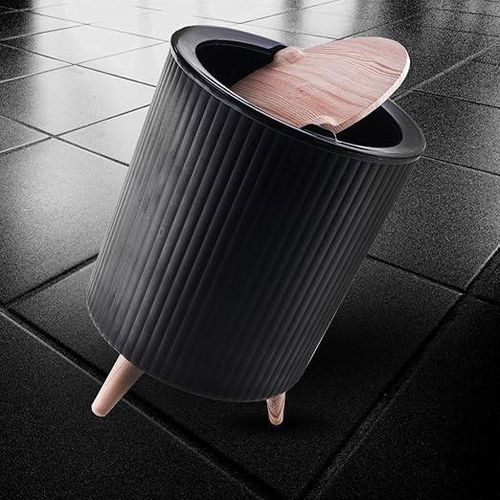 Modern Multi-Purpose Wastebasket with Wooden Legs, Plastic Body, for Kitchen, Bathroom, Office, Bedroom, Hotel (Black)