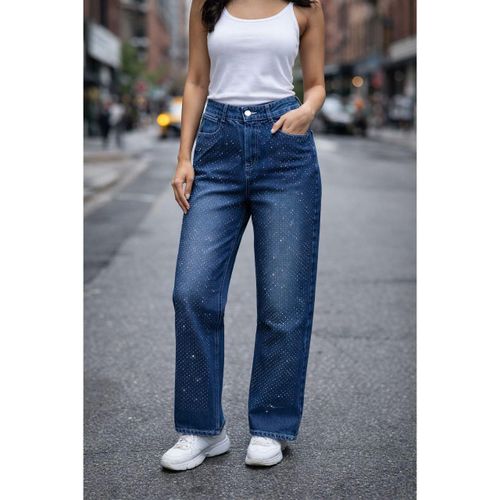 جينز بقصّة أرجل واسعة - مزين بالستراس - أزرق داكن