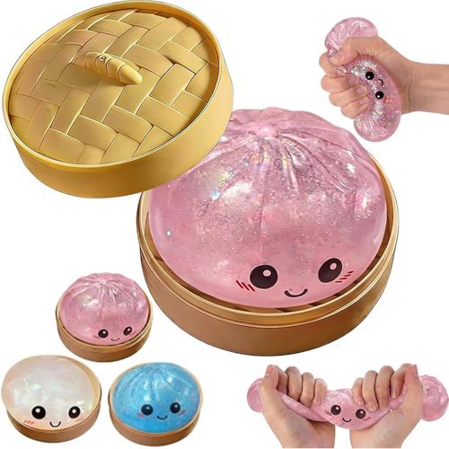 Dumpling Squishy. Mystery Squishy Dumpling Box. Soft Squeeze Dough Ball for Stress Relief, Stretchy Bun with Mini Food Steamer Desk Fidget Toy for Adults Office Home (B-Pink)