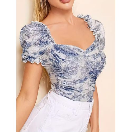 بلوزة نسائي مقاس L بلوزة صيفي ستايل شيك بطبعة مميزة بأكمام منفوشة وياقة مربعة قماش ناعم ومطاطي مناسب للخروجات والكاجوال