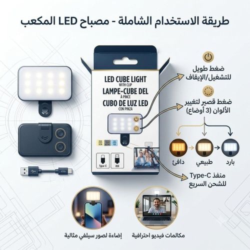 Ring Light: Rechargeable LED flashlight with a mounting clip and 3 lighting modes for smartphones and laptops.