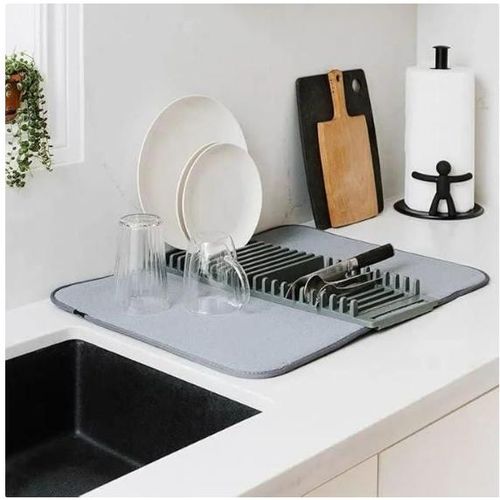 A water-absorbent mat with a dish and cutlery holder a practical design for drying and organizing dishes protects surfaces from moisture and scratches.