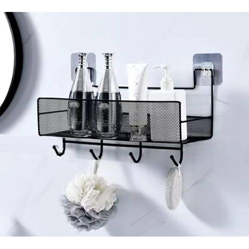 Black metal mesh wall shelf with hooks for kitchen and bathroom