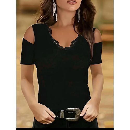 Lace Collar Open Shoulder Short Sleeve Top Black BLOUSE