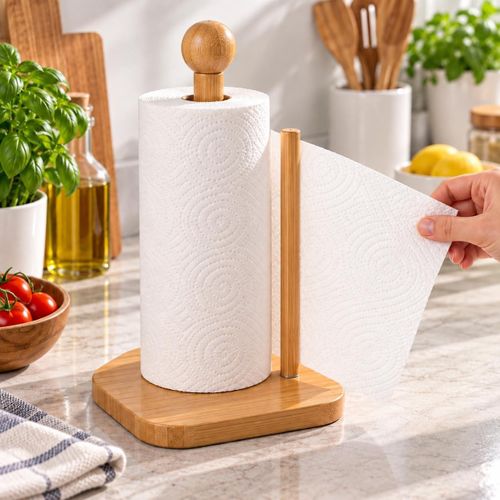 31 cm Free Standing Paper Towel Holder Stand with Bamboo Base Kitchen Countertop & Dining Table Organizer