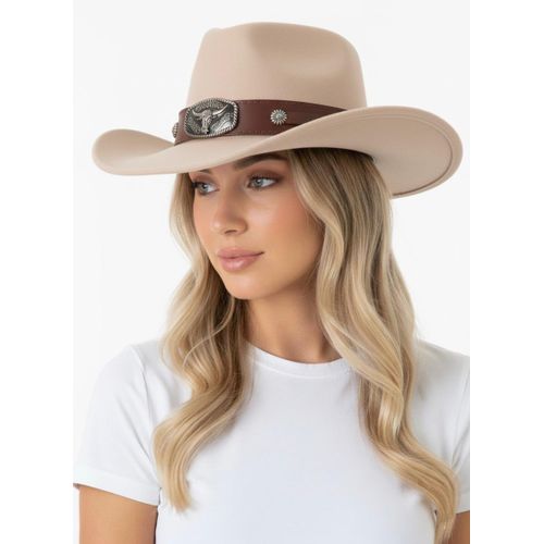 Beige Cowboy Hat with Leather Band & Longhorn Metal Buckle