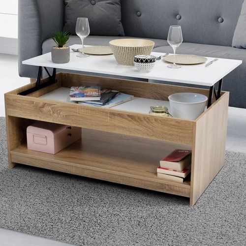 Modern Lift-Top Coffee Table with Hidden Storage & Open Shelf - White & Oak Finish