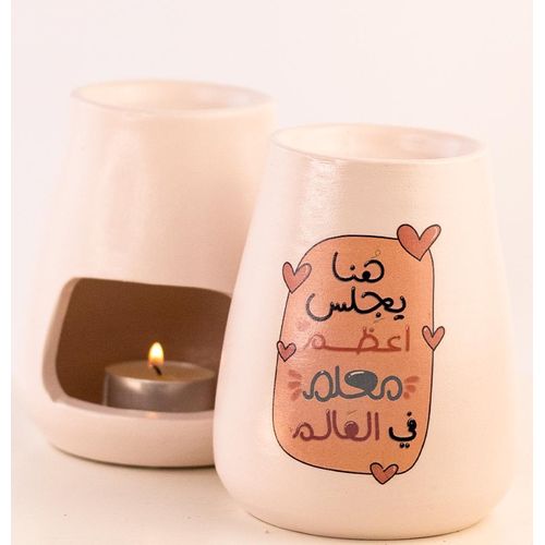Handmade Ceramic Oil Burner Diffuser Pink Arabic Text Design Tealight Candle Holder Home Decor