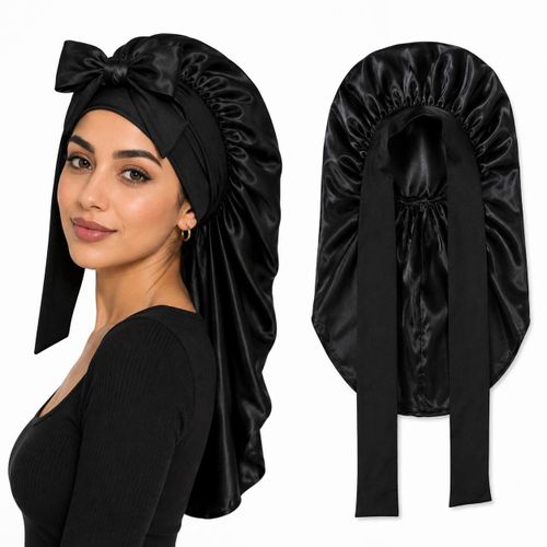 Long Turkish Satin Bonnet for Long Hair – Black