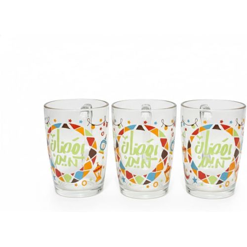 Decorative Glass Mugs with Colorful Mosaic Pattern and Handle, 3 Piece Set