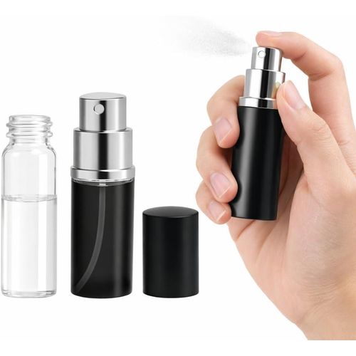 زجاجة رذاذ عطر قابلة لإعادة التعبئة، مصنوعة من الألومنيوم، بحجم مناسب للسفر، سعة 10 مل، مانعة للتسرب، عبوة جيبية للاستخدام في العطور ومستحضرات التجميل، تصميم محمول (أسود)