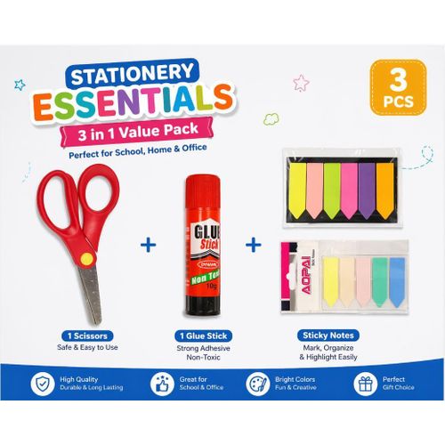 3 in 1 Kids Stationery Set – Scissors + Glue Stick + Sticky Notes – School Supplies Pack