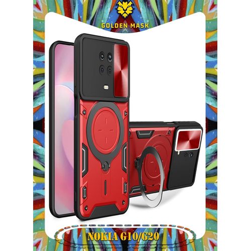 جراب حماية مع باب جرار لحماية عدسة الكاميرا المدرعة مدمج بزاوية 360 درجة - احمر Nokia G10G20 جولدن ماسك لهاتف نوكيا جى 10جى 20