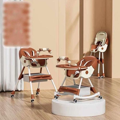 6-Position Foldable High Chair for Newborn Feeding, Removable and Adjustable Double Meal Tray with Reclining Design with Wheels (Brown)