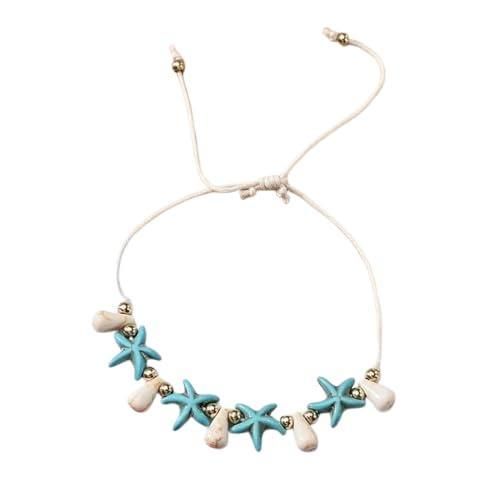 Adjustable Beach Bracelet with Turquoise Starfish and Shell Beads, White Cord 1Pcs