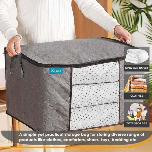3 Pack Storage Bag Grey, Large 90L Capacity, 3 Sided Zip Top Lid, Practical for Storing Clothes, Toys & Duvet. Dust/Mites Proof, Ideal for House Moving. (60 x 43 x 35 cm)