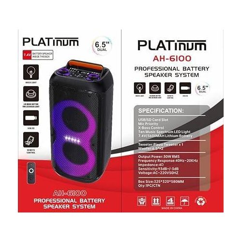 Subwoofer Bluetooth , AH-6100 Professional Battery Speaker System, Dual 6.5 Portable Bluetooth Speaker, 30W RMS Power, Music Spectrum LED Light, Black