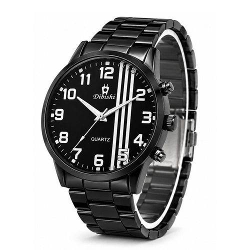 Men’s Quartz Watch – Black Dial, Black Stainless Steel Band, Bold Number Analog Wristwatch