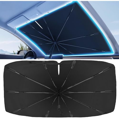 2025 Windshield Sun Shade 10-Fiberglass Frame with 360° Rotating Pole - Emergency Window Breaker - Heat-Reflective Car Sunshade - Adjustable Bendable Design for SUV/Sedan/Truck(56" L x 32" W)