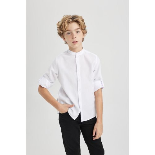 Boys' Stand Collar Textured Basic Plain Long Sleeve Shirt