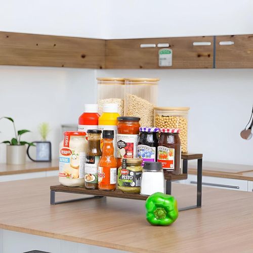 رف توابل خشبي - تصميم أنيق بأرجل معدنية 3 رفوف للتوابل والزيوت مواد صلبة لمظهر نظيف وعصري في مطبخك يضيف الأناقة والوظائف