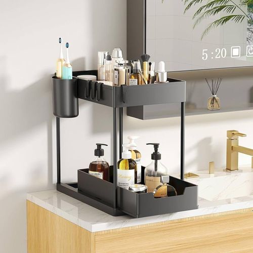 2-Tier Under Sink Organizer - Metal Support Rods with Plastic Shelves & Sliding Pull-Out Drawer