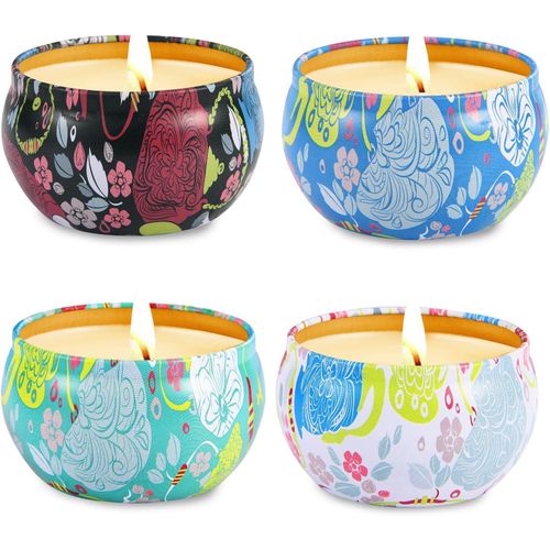4-piece scented candle gift set featuring jasmine, lotus, lilac, and white by Emasi portable natural soy wax candles for travel.