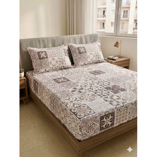Yarlin-Cotton 100 Bed Set Fitted Bedsheet for 200 cm beds and 2 Small Pillowcases Classic Pattern Design