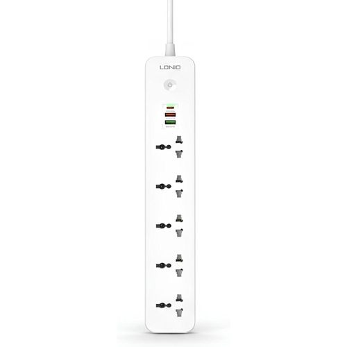 Smart 2500W power strip with five outlets, USB ports, and a Type-C port - 38W fast charging - Durable 2-meter cord and complete protection for home and office - Model SC5319