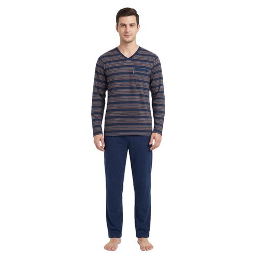 Men Winter Pajama Set Long Sleeve & plain Bottom-W27-8202-Brown-Navy Blue