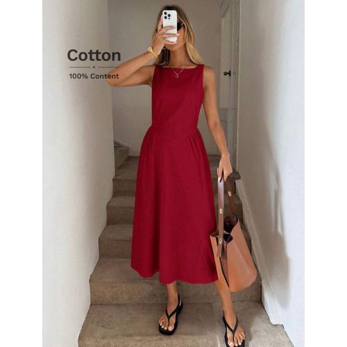 100% Cotton Easowa Women's Burgundy Red Cotton Midi Dress, Round Neck Waist Gathered A-Line Umbrella Sleeveless Dress, Elegant Casual Vacation Summer Midi Dress