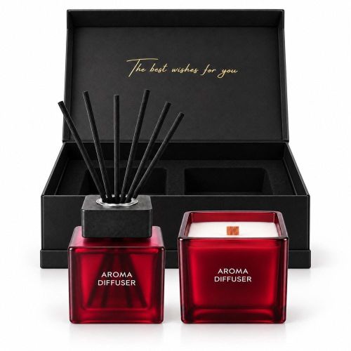 Colored Glass Reed Diffuser and Scented Candle Gift Set in Magnetic Box