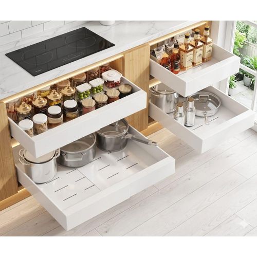 Adjustable Pull Out Cabinet Organizer Drawer, Heavy Duty Steel Sliding Storage Shelf, Expandable Kitchen Cabinet Organizer, White Pull Out Basket for Pantry and Kitchen Storage