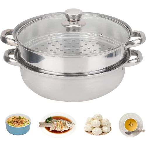 Stainless Steel Steamer Pot 2 Tier 28 Cm With Glass Lid Vegetable Cooker Multi Use Pasta Strainer Durable Rust Resistant Easy Clean