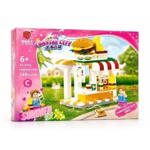 XJ-BLOCK Coastal City Hamburger Shop Building Blocks Toy Set - 148 Pieces Summer Theme Architecture Model Kit with Mini Figure and Pet Dog for Kids Ages 6+ (Model XJ-9101 C)