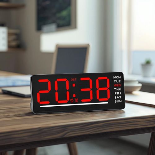 Modern 3D digital alarm clock and desk clock with night light, date display, and temperature display.