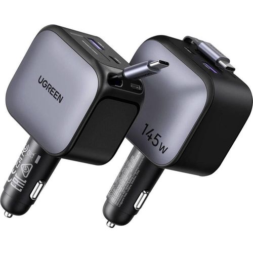 145W Fast Car Charger Adapter with Built-in Retractable Cable Type-C and USB-A Ports High Power Black