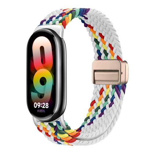 Braided Strap for Xiaomi Mi Band 10/9/8, Men Women Breathable Elastic Nylon with Magnetic Buckle Watch Band for Xiaomi Smart Band 10/Xiaomi Smart Band 9/8 - White Rainbow